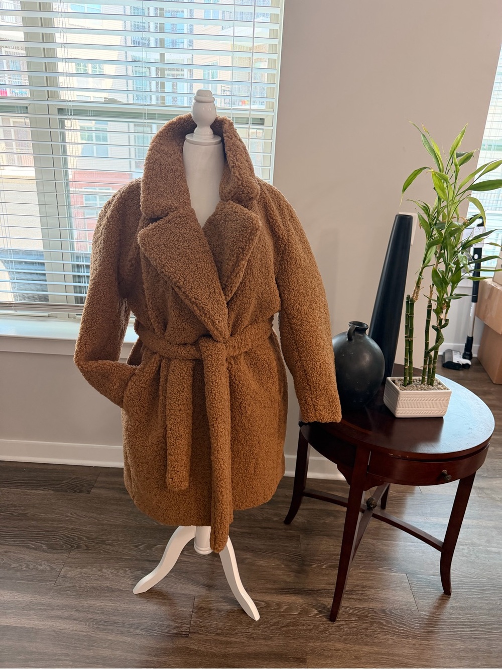 Eloquii Plush Teddy Wrap Coat in Camel Brown